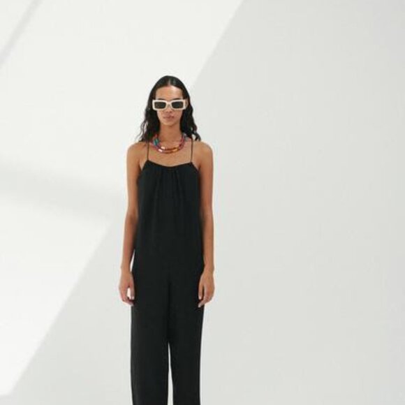 Zara Black Spaghetti Strap long satin effect Jumpsuit - medium like new - Picture 1 of 5